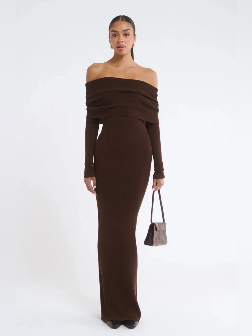 Rumored Brown Off-Shoulder Long Sleeve Maxi Dress MSRP $138 selling $50